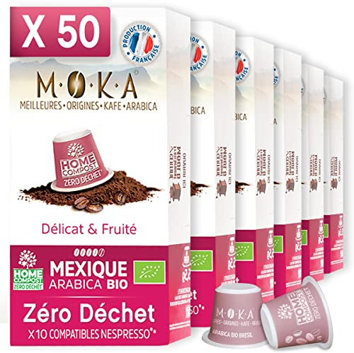 MOKA 100 Capsules Compostables 100% Pur Arabica du Mexique Bio - Compatible avec les machines à Capsules Nespresso - Intensité 8 - Home Compost - Expresso et Lungo - Torréfié en France…