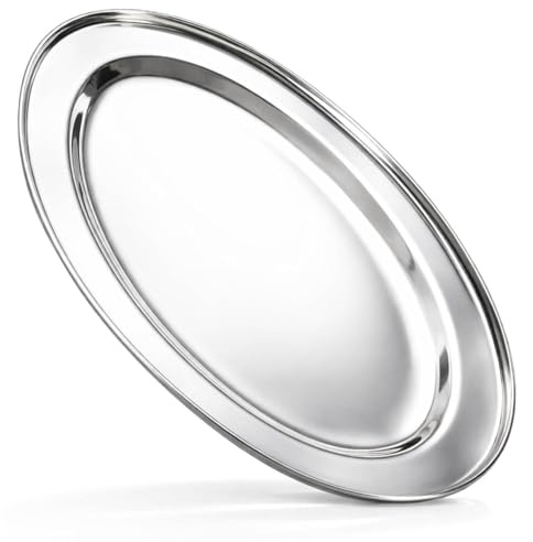 com-four® Servier-Tablett aus Edelstahl, ovales Tablett zum Servieren | glänzendes Serviertablett