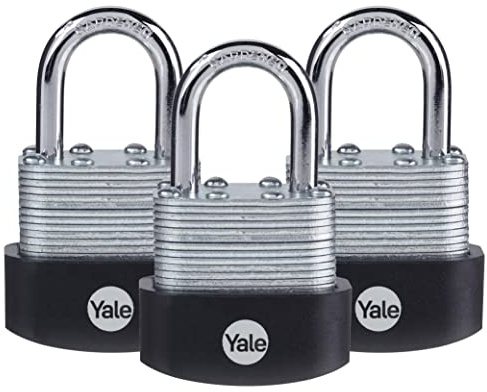 Yale 3 Pack 1-7/8 Wide Laminated Padlock with 1-1/8 Shackle and 3 Keyed Alike Keys for Outdoor Gate, Fence, Storage