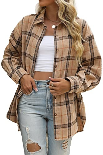 CHYRII Womens Button Down Flannel Shirts Long Sleeve Plaid Shacket Business Casual Blouse Topss Khaki -7122 M