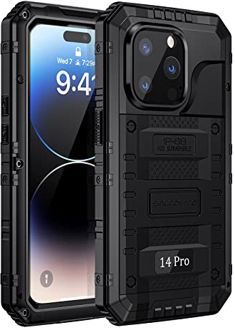 seacosmo iPhone 14 Pro skal, IP68 vattentätt, militärklass stötsäkert mobilskal med inbyggt skärmskydd och kameraskydd, 360° fullt skydd metallskal för iPhone 14 Pro, svart