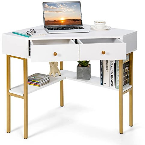 GIANTEX Bureau d'angle moderne avec 2 tiroirs et étagère - Bureau d'angle moderne pour ordinateur portable - 71 x 71 x 75 cm - Blanc