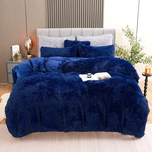 Fluffy Plush Duvet Cover Set Twin Size, Luxury Ultra Soft Velvet Fuzzy Comforter Cover Bed Sets 3Pcs(1 Faux Fur Duvet Cover + 1 Pillow Cases + 1 Pillow Cover) Zipper Closure (Twin, Navy Blue)
