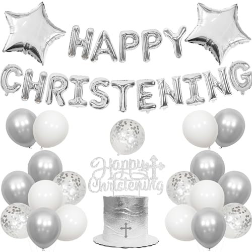 Christening Decorations Silver for Boys Girls, Happy Christening Foil Balloons Silver Cross Baptism Cake Topper, First Communion Decorations Holy Communion Baby Shower Party Decor