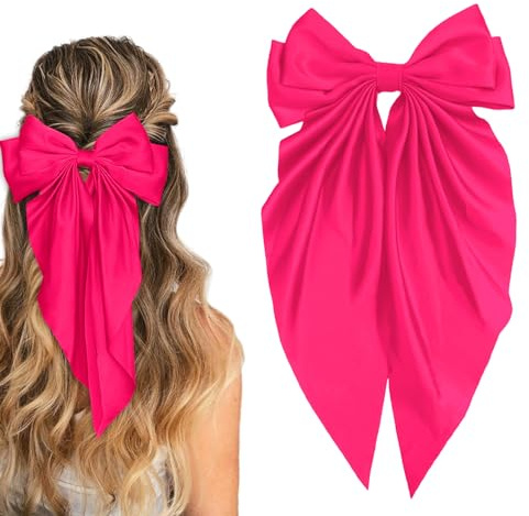 Ribbon Hair Clip Barrettes for Women and Girls - Pink Satin Hair Bows and Accessories, Christmas Gift (Rose)