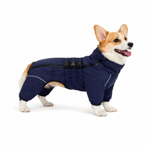 Warmer Hundemantel, doppellagige Hundeweste, Vier Beine bedeckt, Winddicht, wasserdicht, reflektierende warme Hundeweste, Outdoor-Schlittschuhkostüm für Corgis und Dackel. Navyblue D-S