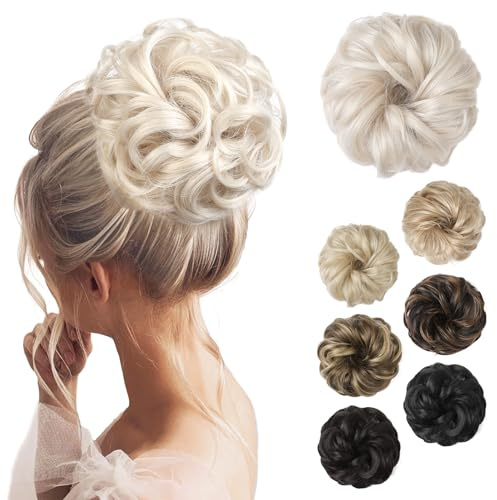 REECHO Messy Bun Hair Piece - Thick Tousled Updo Elastic Synthetic Ponytail Extensions for Women - Scrunchies Donut Accessories - Platinum Blonde