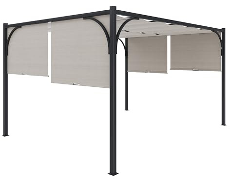 BRICOZONE Pergola Gazebo 3x4 M Struttura in Acciaio Nero con Tetto Scorrevole Retrattile Telo Impermeabile per Giardino Terrazzo Piscina Esterno Campeggio Beige