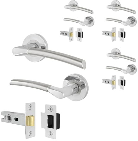 EAI Polished Chrome Door Handles with Latches, 4 Pack - Bova | Complete Latch Kit with 4 Pairs of Round Rose Door Handles, 64mm Latches, Fixings Included