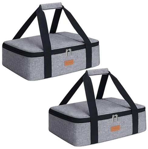 Double Casserole Carrier for Hot or Cold Food,Expandable Insulated Bag,Perfect Lasagna Holder Tote for Potlucks, Picnics,Beaches,Traveling or Gifts,Fits 9“x13” Baking Dish,Gray (2PC)
