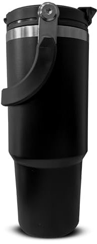 Sanda Black Travel Mug with Handle 30oz 900ml Double Wall Stainless Steel Insulated Water Bottles Tumbler with Straw 2-in-1 Leakproof Lid for Cold and Hot Drinks Portable Travel Coffee Mug