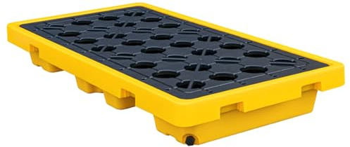 Plateforme de confinement des déversements, plateformes modulaires de confinement des déversements avec caillebotis à dessus plat, palettes en polyéthylène jaune et noir, entrepôts Facto, 50x26,37x6