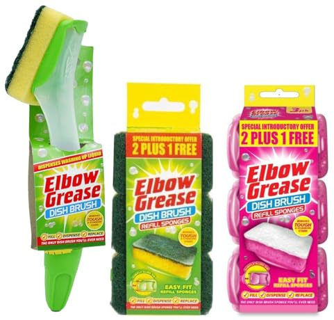 Elbow Grease Fillable Washing Up Brush with Sponge- Ergonomic Design Handle - with 3X Elbow Grease General Purpose Refills and 3X Elbow Grease Non-Scratch Refills