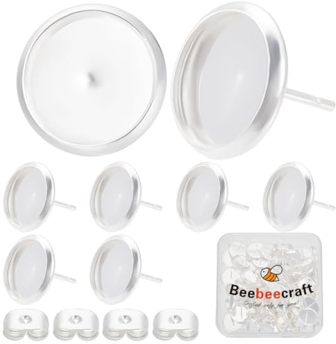Beebeecraft 1 Box 50Pcs Cabochon Ohrstecker Rohlingen 925 Sterling Silber Plattierte Edelstahl 12mm Ohrring Rohlinge Ohrstecker für Schmuck basteln DIY Handwerk