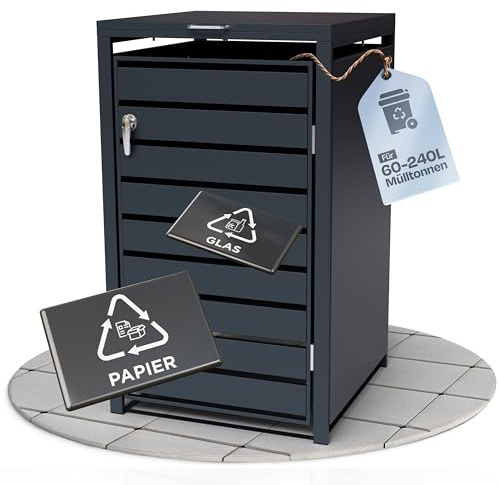 EDELFELD - Wetterfeste Mülltonnenbox für 1 Tonne [bis 240L] - Abschließbare Mülltonnenverkleidung aus massivem Stahl - 1er Mülltonnenbox mit Soft Close - Inkl. Magnete zur Müllbox Beschriftung