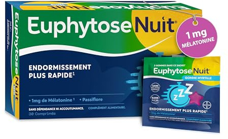 EuphytoseNuit® - Complément alimentaire adulte - Mélatonine 1mg - Endormissement plus rapide - Passiflore : Sommeil de qualité - 30 comprimés + 2 gommes Myrtille EuphytoseNuit