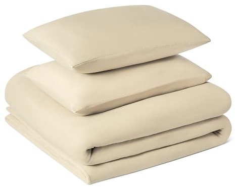 Amazon Basics Parure de Lit 2 Personnes 3 Pièces en Microfibre Prélavée, Extra Douce avec Effet Froissé Naturel, Sans Repassage, Housse de Couette 240 x 220 cm et 2 Taies d'oreiller 50 x 80 cm, Beige