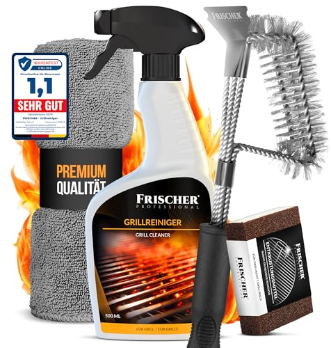 FRISCHER PROFESSIONAL Grillreiniger Set 4-teilig: Grillrost-Reiniger 500 ml + Grillbürste + Mikrofasertuch & Schwamm - Zur effizienten Reinigung & Pflege von Grill, Grillrost