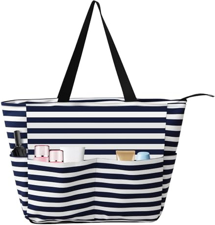 GTNCE Große Strandtasche Damen mit Reißverschluss, Wasserdicht Sanddicht Badetasche XXL Faltbar, Beach Tote Bag 45x36x17cm, Leichte Umhängetasche für Strand Reisen Pool Urlaub (Blauer Streifen)