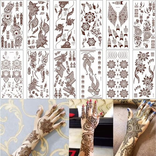 XMASIR 12 Blatt Schwarz Rot Tattoo Aufkleber schwarzer Spitze Mehndi temporäre Tätowierungs haut wasserfest Temporäre Tattoo Body Art für Frauen (XJL-12)