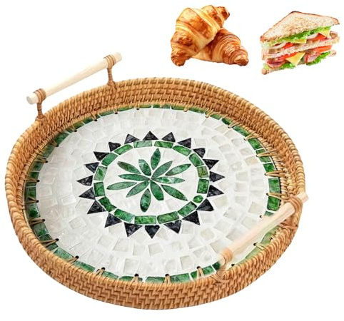 Rotting serveringsbricka med handtag, handvävd skötbricka dekoration för frukost, drycker, snacks, desserter, bröd, ljus, frukt (blå, 28 cm diameter) – naturligt hantverk