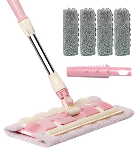 Serpillière pour Parquet, Mop Réutilisable avec 4 Têtes Lavables, Inclut Grattoir À Poussière Et Manche Ajustable Rotatif À 360 Degrés pour Nettoyage