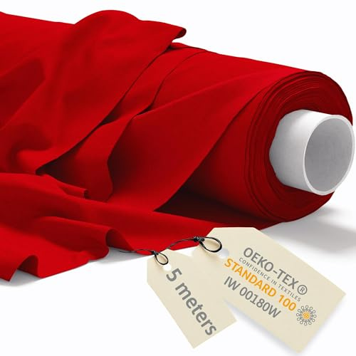 DreamRoots Baumwollstoff Meterware 160 cm, Rot, 5 m | Stoff zum Nähen, Polsterstoff, 145 g/m² Baumwolle, Leinwand, Segeltuch, Gardinenstoff, Molton