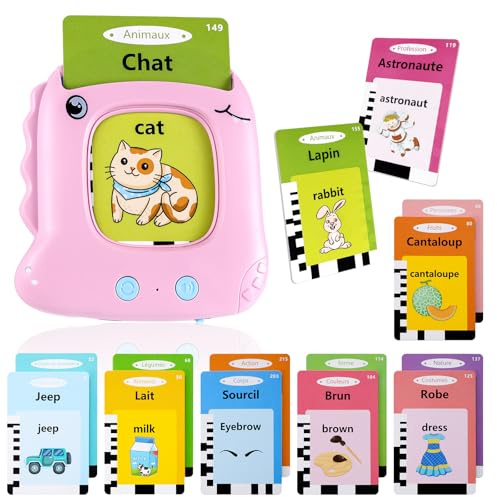 Cartes Flash Parlantes Cartes éducatives pour Enfants de 2+ Ans 112 Feuilles 224 Mots Talking Flash Cards Jouets éducatifs Montessori pour écouter et Apprendre, Français/Anglais/Bilingue, Rose