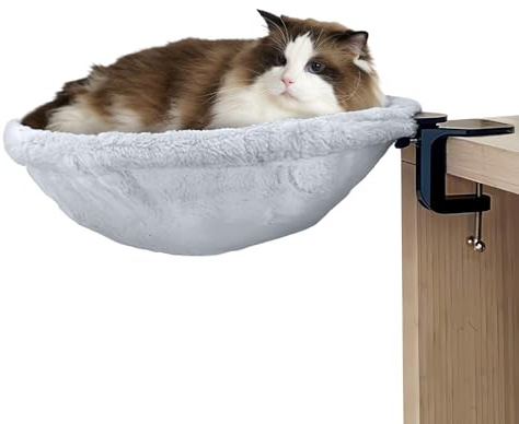 Fuerdich 360° Katzenbett Schreibtisch, 40cm Katzen Schreibtisch Bett, Katzenplatz Schreibtisch Bis 20 KG，Katzenbett Klemmbares, Verstärkter Edelstahlrahmen(Grau)