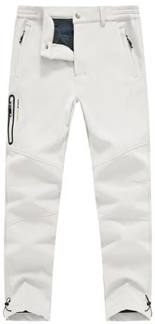 YSENTO Men's Fleece Lined Snow Ski Pants Waterproof Softshell Insulated Winter Cargo Hiking Camping Pants, Off-white, 38