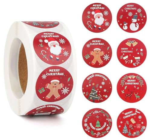 WeddHuis 2 rotolo da 500 fogli adesivi rotondi autoadesivi, etichette adesive natalizie per pacchetti e regali, carta kraft, 8 stili, per sacchetti di carta, sacchetti regalo e carta da regalo