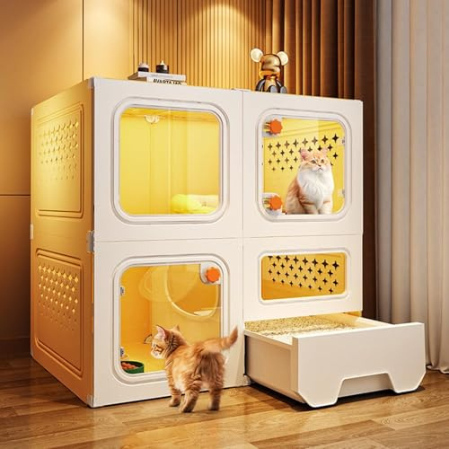 Recinto para gatos, 2 niveles para interiores con ventanas transparentes, cerraduras de perilla, condominio para gatos y cajón de arena para gatos de interior