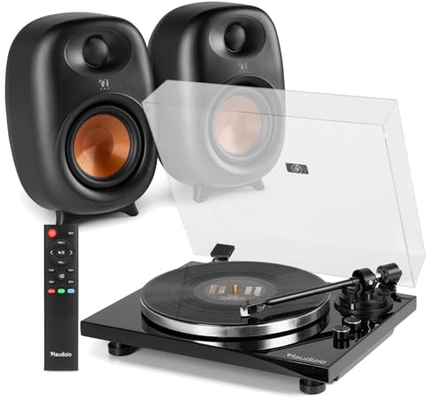 Audizio Toledo Premium Vinyl Record Player with RS80 Bluetooth Speaker Set, High-Fidelity Turntable, AT3600 cartridge, Wireless Active Speakers, Home Audio System, Record Players with Speakers
