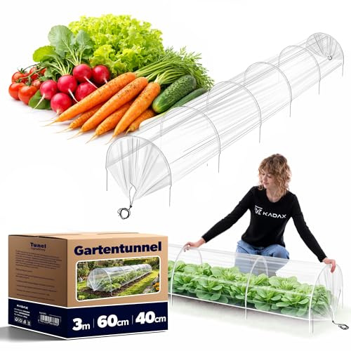 KADAX Folientunnel 3 m x 60 cm, Pflanztunnel aus robuster PE Folie, Gartentunnel mit stabilen Bögen, Pflanzenschutz für Hochbeet, Gemüsebeet & Frühbeet, Mini Gewächshaus
