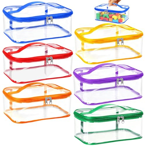 6 stycken PVC-förvaringsväskor för leksaker, 24 × 17 × 10 cm transparent leksaksförvaring med dragkedja och handtag, vattentät leksaksförvaringsväska för pussel, byggstenar