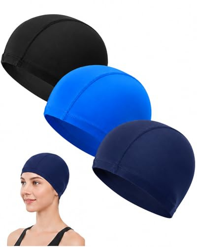 KRVNTH Cuffia Nuoto Piscina 3 Pezzi Nero Blu Navy Lago Unisex Uomo Donna – Altamente Elastica Impermeabile con Protezione Capelli Lunghi, Comoda & Durevole per Adulti