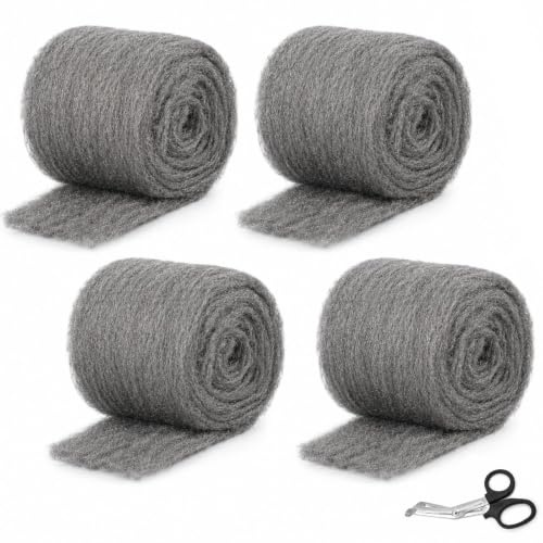 Wire Wool 4 Rolls, 0000 Fine Steel Wool Mice Blocker with Scissors, 12m | Total Fine Wire Wool for Polishing, Cleaning, Gap Filling, Rodent Deterrent, Wood Metal Rust Paint Removal