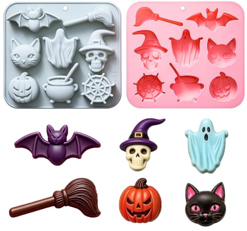 SEABABOO 2 stampi in silicone per Halloween, per cioccolatini, fantasmi, scheletro, zucca | Stampo per cioccolato di Halloween, per cioccolato, fondente, cubetti di ghiaccio, decorazione per torte, grigio e rosa