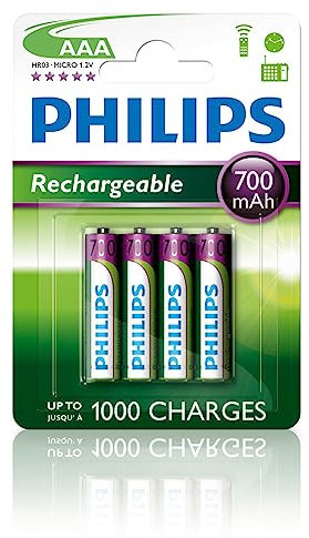 PHILIPS AAA-Batterien - 4 Stück - HR03 Wiederaufladbare Batterien - NiMH 1.2V - 1000 Wiederaufladungen - 700mAh
