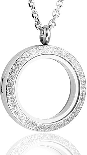 Zysta Schmuck Edelstah Floating Charms Sandstrahl Medaillon Locket Anhänger Halskette 30mm Rund Damen Herren Kette(Silber)