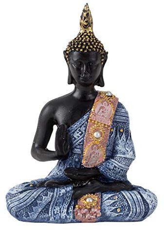 Lifestyle & More Escultura Moderna decoración Figura Buda de Piedra Artificial Negro/Azul 15x11 cm