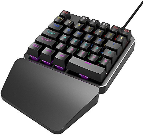 FELiCON d'une Seule Main Clavier de Jeu Mécanique 35 Touches RS-7 Filaire USB Coloré Rainbow Anti-ghosting LED Rétro-éclairé Jeu Claviers avec Repose Poignet pour PC & Ordinateur (Bleu Commutateur)