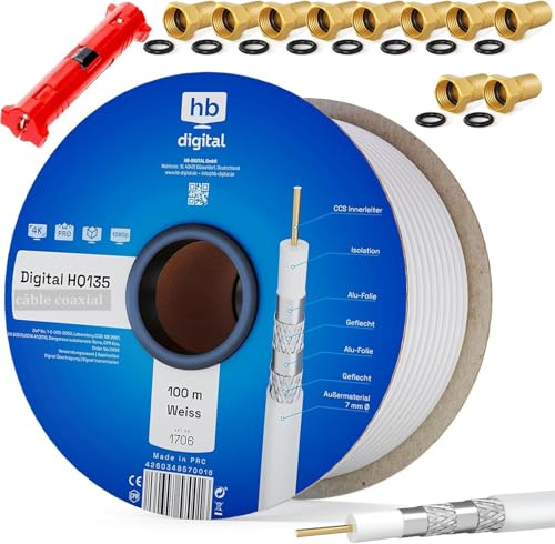 HB-DIGITAL 100m Koaxialkabel SAT HQ-135dB PRO inkl. Abisolierer + 10 F-Stecker vergoldet GRATIS dazu | Satellit Antennenkabel 4-Fach geschirmt | für DVB-S/S2 DVB-C/C2 DVB-T/T2 DAB+ Radio BK Anlagen