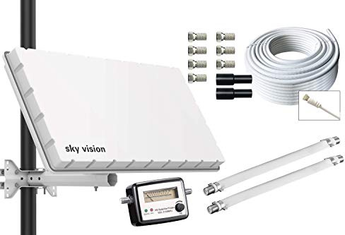 sky vision Flat Twin LNB Satelliten Flachantenne für 2 Teilnehmer inkl. Wand- + Masthalterung + SATFINDER + 20m Kabel + Zubehör. Camping Set. Beste Empfangswerte für HD, Full HD, 4K UHD, 8K TV