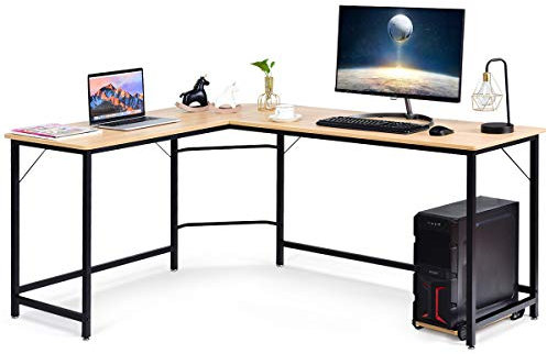 RELAX4LIFE Computertisch für Zwei Personen, Schreibtisch L-Form, Eckschreibtisch mit Verstellbarer Fußpolster und CPU Ständer, Platzsparender Winkeltisch für Arbeitszimmer & Büro, PC-Tisch (Natur)