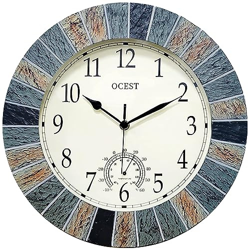 OCEST 13 Inch Outdoor Garden Wall Clock with Thermometer, Retro | Waterproof design, silent non-ticking battery movement, large easy-read dial for patio, pool, kitchen, porch, and garden