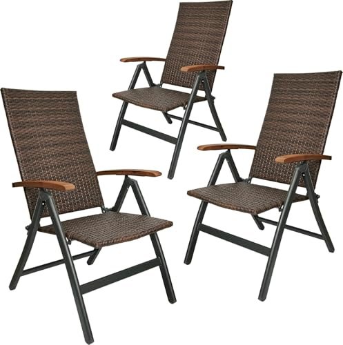 BRUBAKER 3er Set Polyrattan Gartenstuhl Modena - Braun Grau | Hochlehner aus Metall und Poly Rattan klappbar - 7-fach verstellbare Rückenlehne - wetterfester Faltstuhl / Klappstuhl