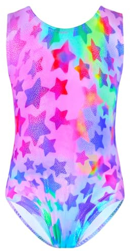 TENVDA Gymnastic Leotards for Girls 6-7 Years Old Sparkle Hot Pink Stars Print Kids Classic Tank Tumbling Outfit Bodysuit