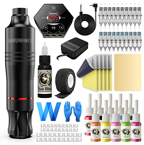 Wormhole Tattoo Kit penna – Macchina rotativa completa con 20 aghi a cartuccia, 10 inchiostri, set pistola tatuaggio principiante WTK086