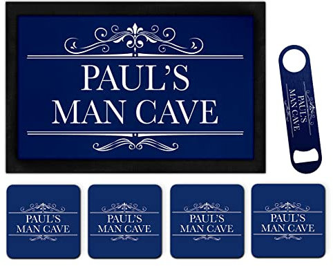 Personalised Name Man Cave Bar Runner Mat Matching Set Custom Bar Blade Bottle Opener & 4 Coasters Beer Gifts For Pubs Home Bar Novelty Accessories For Dad Father's Day Mens Mancave
